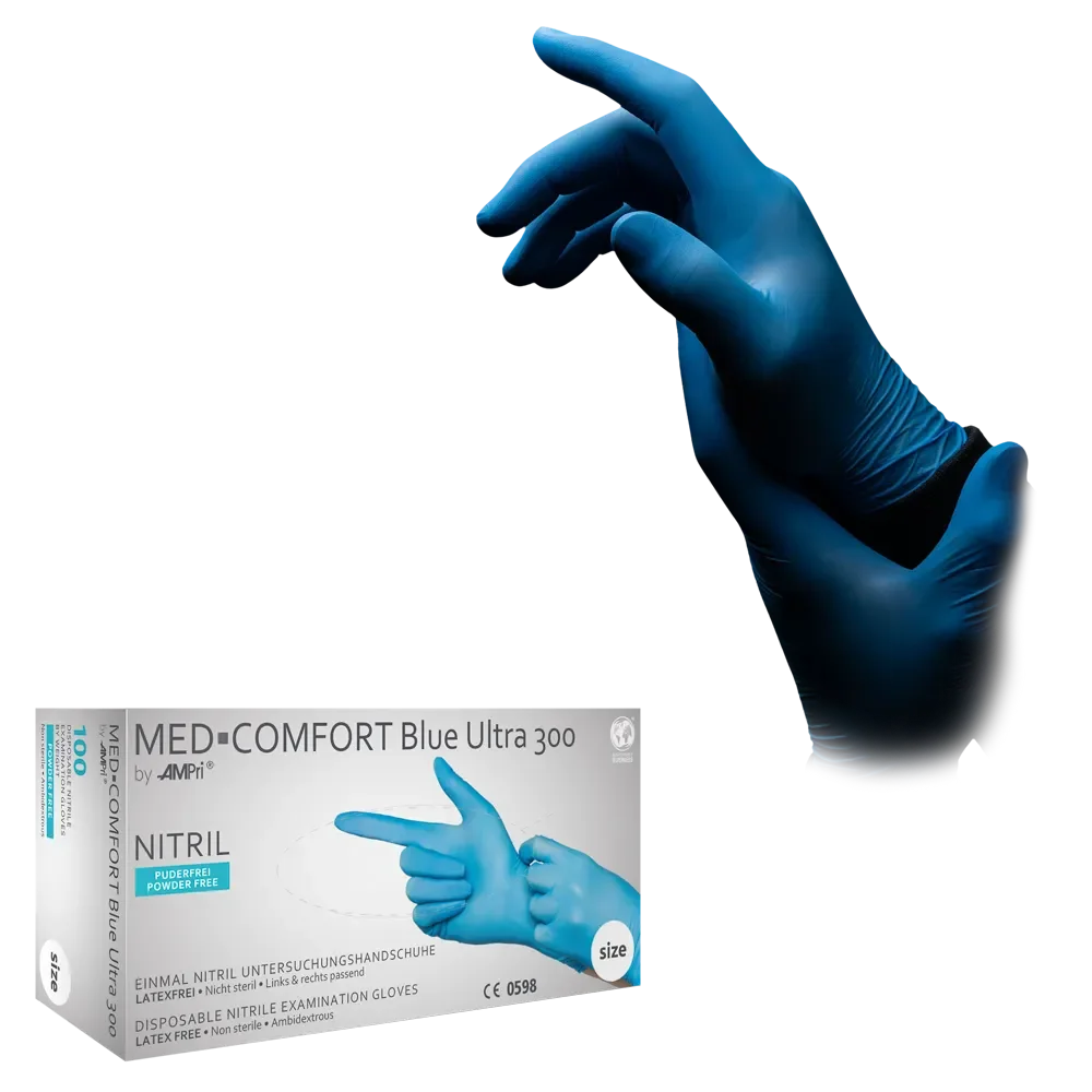 [L01194] Nitril Wegwerphandschoen Poedervrij Blauw Med-Comfort 300mm Extra Strong L 100/doos 01194