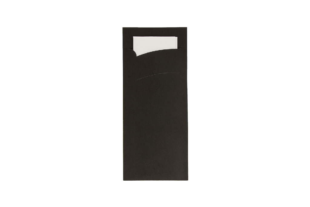 [BZ10001] Bestekzakje pochette zwart met wit servet 600st