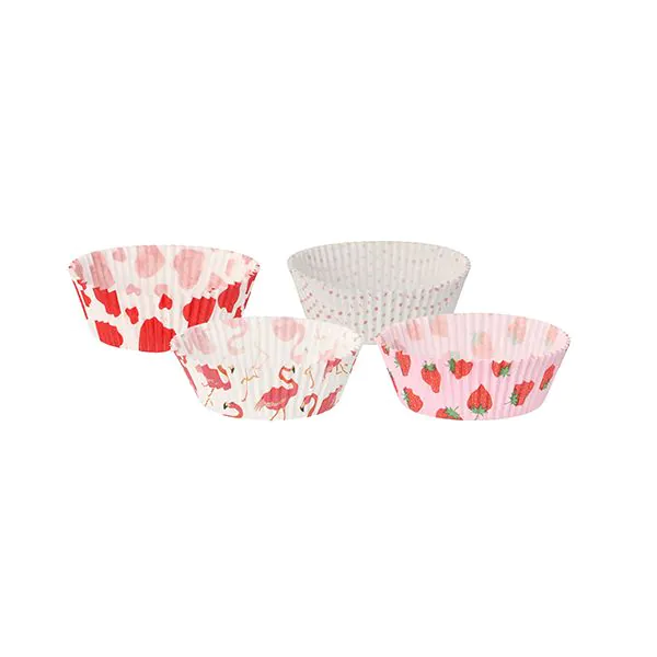 Cupcake & muffin bakvormpjes Ø 5 cm · H 2,5 cm met 4 leuke prints hartjes, dots, aardbeien en flamingo's 1.440st