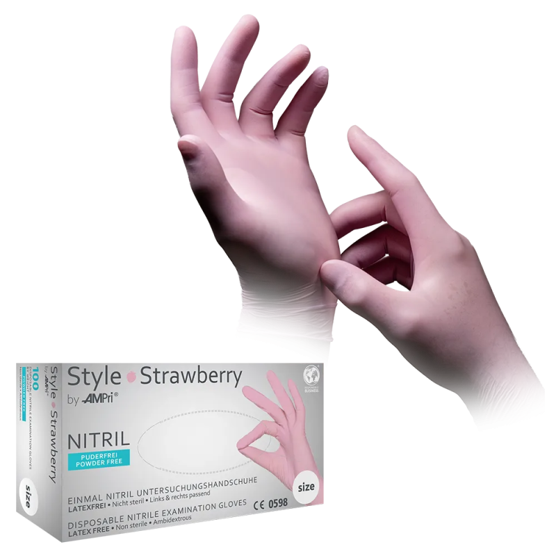 [M01185] Nitril Wegwerphandschoen Poedervrij Style Aardbeien Roze M 100/doos 01185