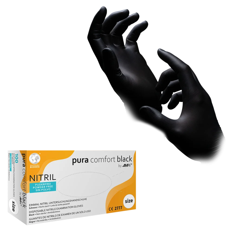 Nitril Wegwerphandschoen Poedervrij Zwart Pura Comfort M 100/doos 118-038 