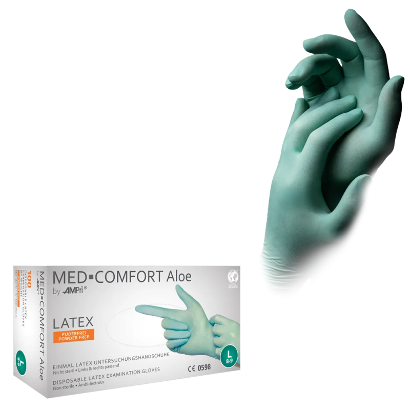 Latex Wegwerphandschoen Poedervrij Med-Comfort Mint Groen Aloe-Vera 100st/doos M 01036