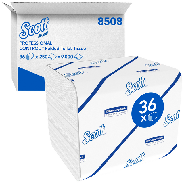 Scott® toiletpapier, 2-laags, wit, gevouwen, 18,6x11,7cm, 36x250vel, 9.000vel/doos