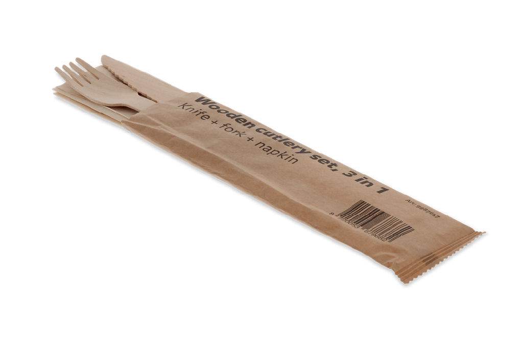 Houten bestekset 3/1 mes + vork + servet 250st