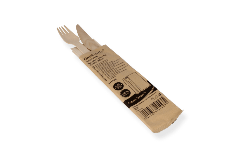Houten bestekset 3/1 mes + vork (FSC 100%) + servet 165 mm gecoat 250st