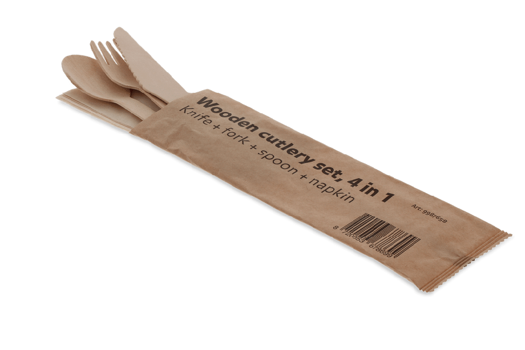 Houten bestekset 4/1 mes + vork + lepel + servet (FSC 100%) 250st