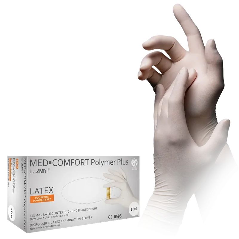 [S01034] Latex Wegwerphandschoen Poedervrij Med-Comfort Wit Polymer Plus 100st/doos S 01034