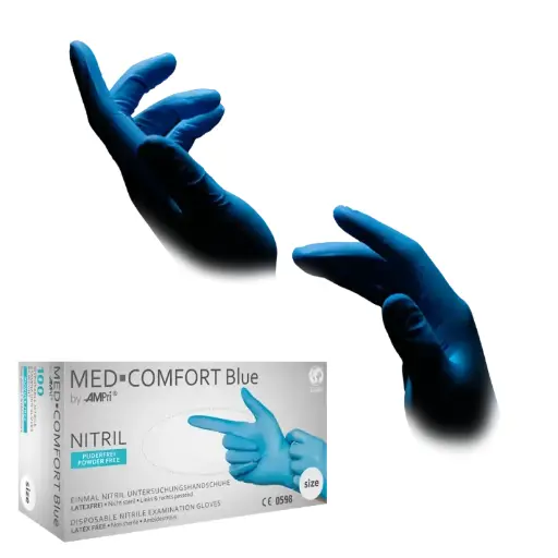 [M01192] Nitril Wegwerphandschoen Poedervrij Blauw Med-Comfort M 100/doos 01192