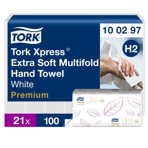 [100297] Vouwhanddoek Tork Premium H2, M-vouw, extra zacht, 21x34cm, 2-laags, 21x100st/doos