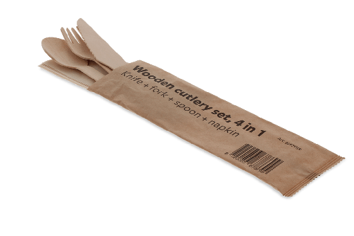[1519987658] Houten bestekset 4/1 mes + vork + lepel + servet (FSC 100%) 250st