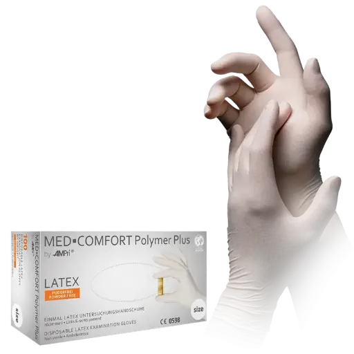 [S01034] Latex Wegwerphandschoen Poedervrij Med-Comfort Wit Polymer Plus 100st/doos S 01034